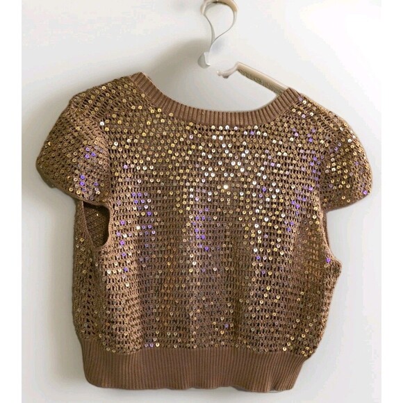 BCBGMAXAZRIA Gold Sequin Bolero Shrug Cap Sleeve 100% Silk M - Picture 3 of 5
